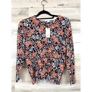 Crow & Ivy Womens S Navy Peach Elephant Print Button Up Cardigan Sweater NWT